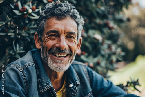Portrait of a smiling senior man sitting on a bench in the garden.
