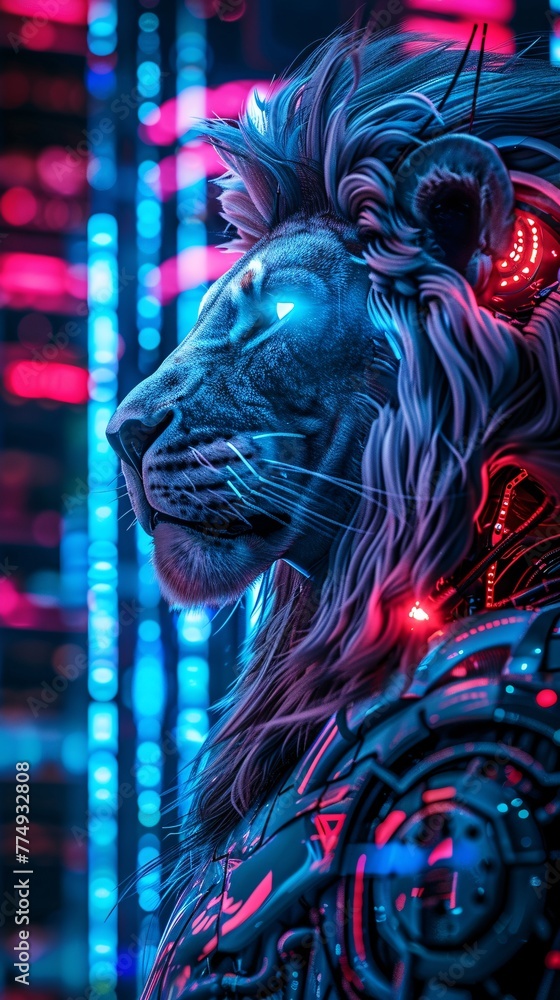 lion robot on neon background lion robot on neon background