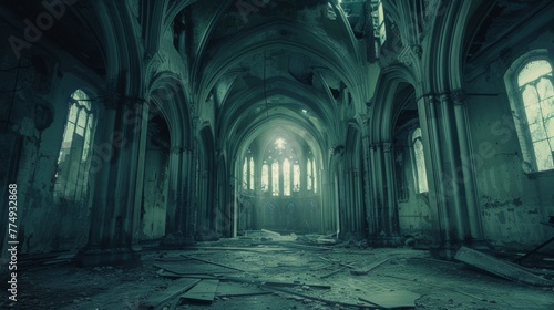 A very old and abandoned church with a lot of broken glass, AI