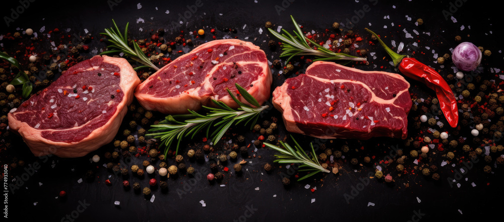 Two steaks with herbs and pepper on a black background