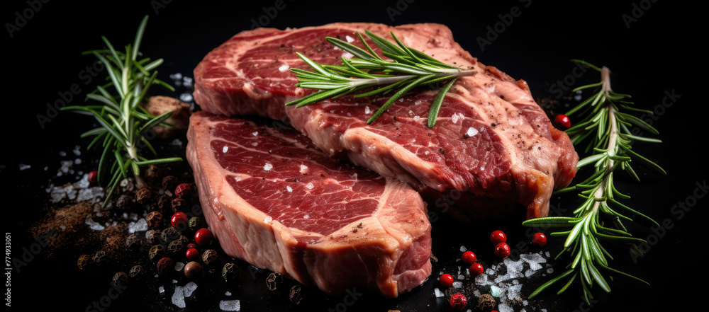Two steaks with rosemary sprigs on a black background Two steaks with rosemary sprigs on a black background