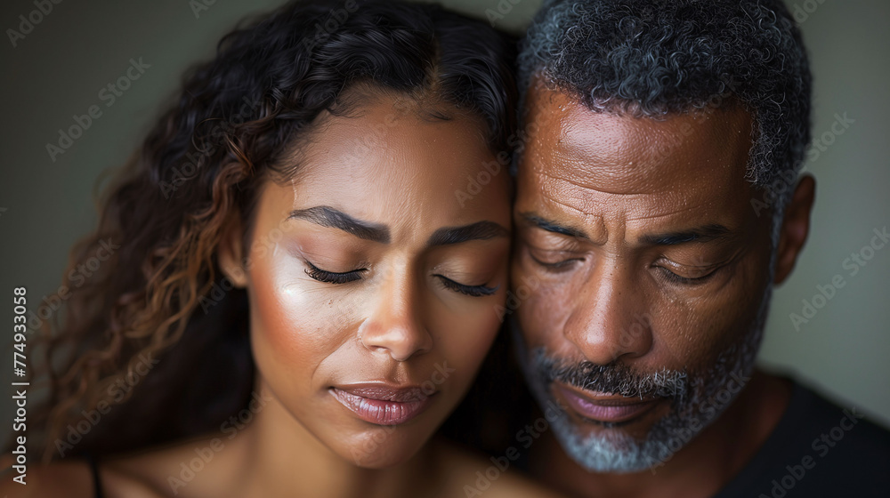 Intimate portrait of a middle-aged man and young woman with eyes closed, showing a moment of tenderness and connection. Intimate portrait of a middle-aged man and young woman with eyes closed, showing a moment of tenderness and connection.