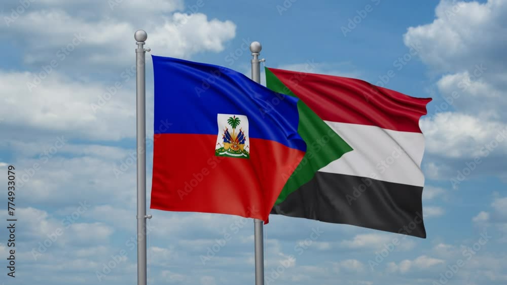 Sudan and Haiti two flags waving together, looped video, two country cooperation concept Sudan and Haiti two flags waving together, looped video, two country cooperation concept