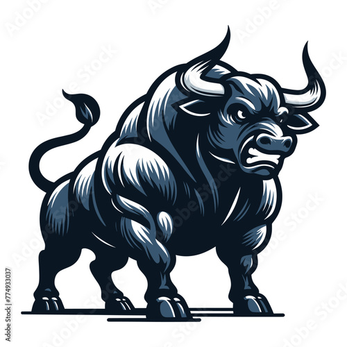 Strong bull full body design mascot illustration, farm animal or butcher shop graphic template, angry horned bull concept, vector isolated on white background