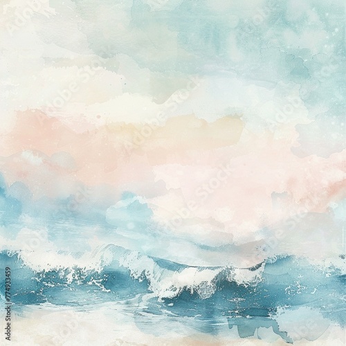 A background of delicate cream and pink watercolor strokes that evokes the tranquil serenity of an ocean wave beneath a pastel sky.