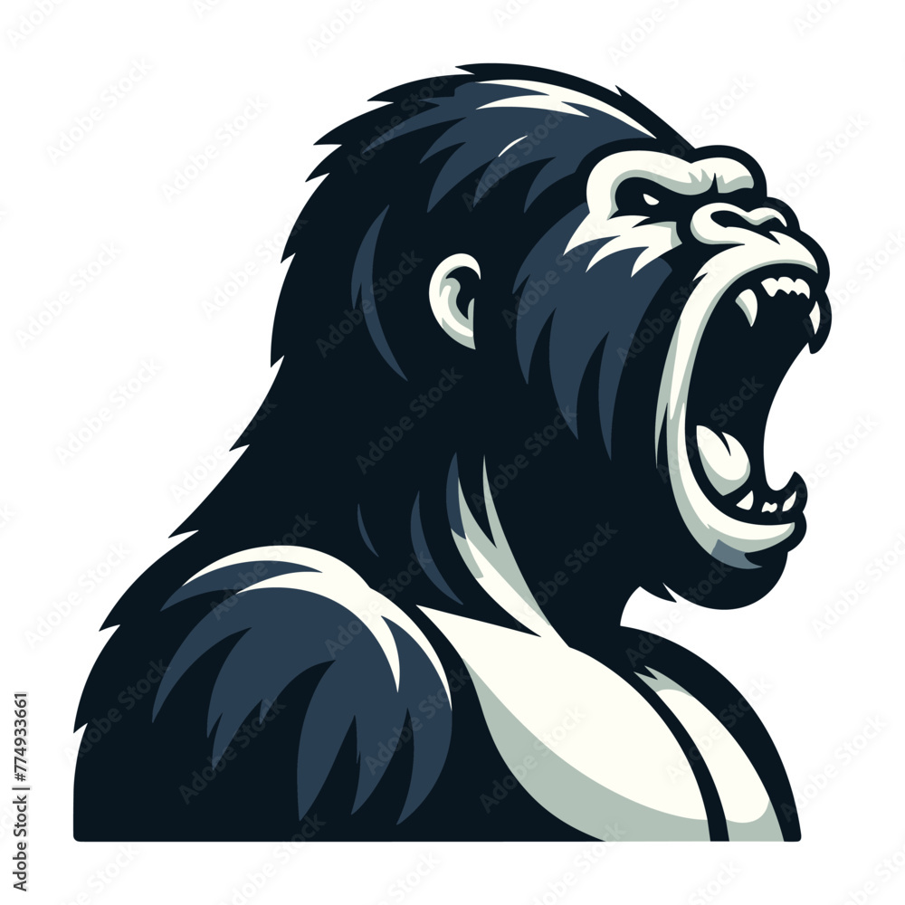 Fototapeta premium Wild angry gorilla head face vector illustration, primate animal zoology element illustration, roaring strong big ape logo mascot, design template isolated on white background