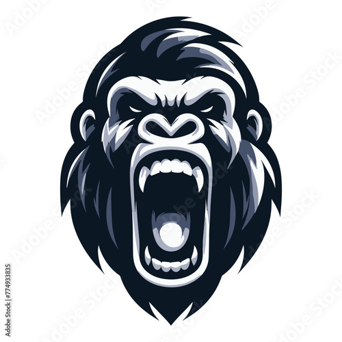 Wild angry gorilla head face design illustration, roaring strong big ape logo mascot, primate animal zoology element illustration, vector template isolated on white background