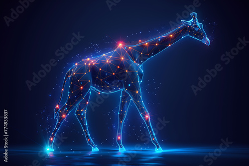 Captivating digital wireframe polygon illustration showcasing a majestic giraffe with intricate line and dots technology, perfect for modern design projects