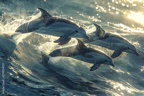 Sunlit dolphins photorealistic ocean scene with playful pod leaping from crystal clear waters