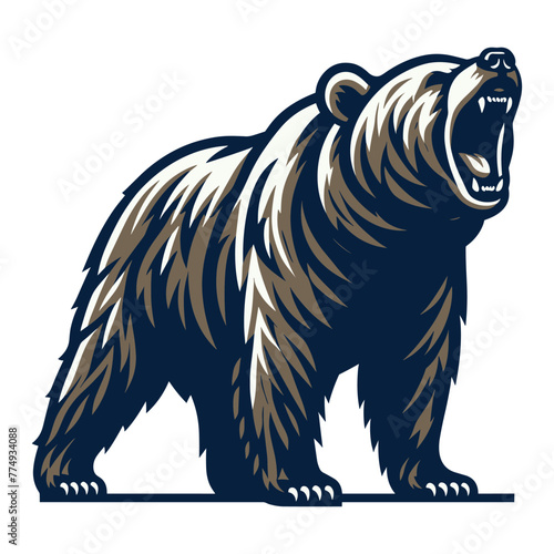 Roaring grizzly bear full body vector illustration, wild beast brown bear, animal predator zoology element illustration, design template isolated on white background