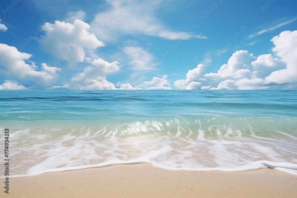 Tropical Sandy Beach Paradise, ocean surf, blue sky with clouds background