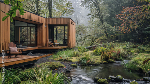 A gentle stream flowing nearby  serenading the charming wooden retreat.