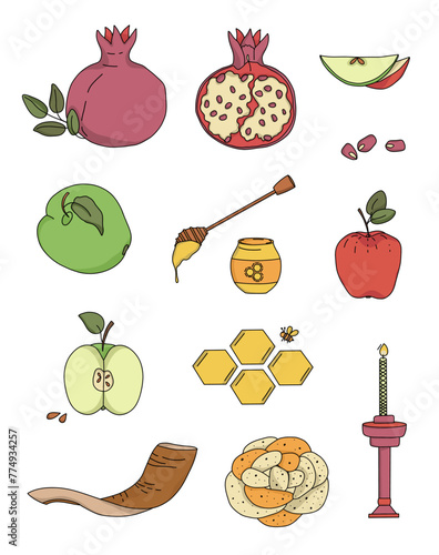 Set of celebration elements rosh hashana. Shofar, apples, honey and other elements. The Doodle style illustrations. 