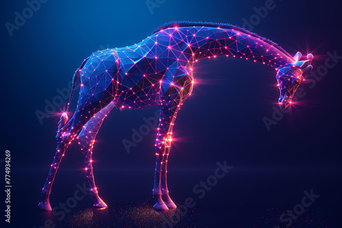 Captivating digital wireframe polygon illustration showcasing a majestic giraffe with intricate line and dots technology, perfect for modern design projects © Evhen Pylypchuk