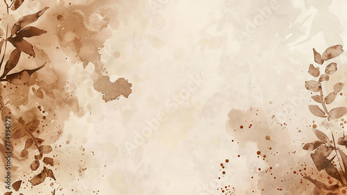 abstract background with watercolor stains and leaves of natural colors, boho style.