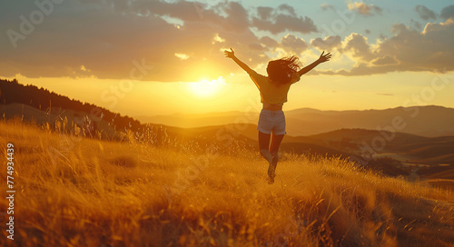 A woman jumping in the air with her arms raised, enjoying nature at sunset on top of a hill. Beautiful landscape with golden grass and mountains in background. Happy person symbolizing freedom and joy