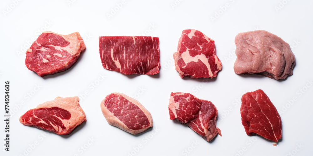 Fresh raw beef steak set isolated on transparent background, top view, PNG Fresh raw beef steak set isolated on transparent background, top view, PNG