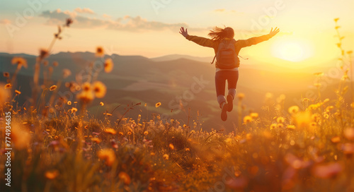A woman jumping in the air with her arms raised  enjoying nature at sunset on top of a hill. Beautiful landscape with golden grass and mountains in background. Happy person symbolizing freedom and joy
