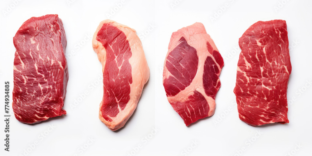Fresh raw beef steak set isolated on transparent background, top view, PNG Fresh raw beef steak set isolated on transparent background, top view, PNG