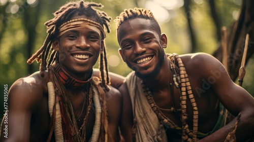 Smiling African men working outdoors embracing their indigenous culture  photo