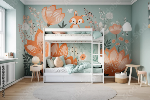 Colorful and whimsical woodlandthemed kids bedroom interior with a bunk bed flowers and a fox mural wallpaper