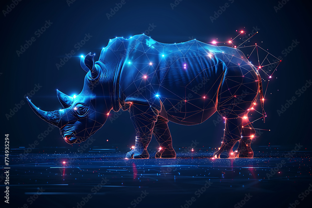 Fototapeta premium Stunning digital wireframe polygon illustration of a rhinoceros, seamlessly blending line and dots technology. Ideal for tech-themed designs, web graphics, and educational materials