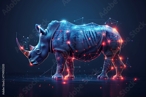 Stunning digital wireframe polygon illustration of a rhinoceros, seamlessly blending line and dots technology. Ideal for tech-themed designs, web graphics, and educational materials © Evhen Pylypchuk