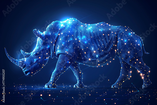 Stunning digital wireframe polygon illustration of a rhinoceros, seamlessly blending line and dots technology. Ideal for tech-themed designs, web graphics, and educational materials