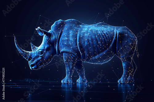 Stunning digital wireframe polygon illustration of a rhinoceros  seamlessly blending line and dots technology. Ideal for tech-themed designs  web graphics  and educational materials