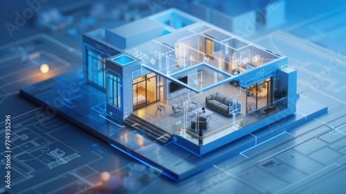 Create a detailed isometric model of a smart home 
