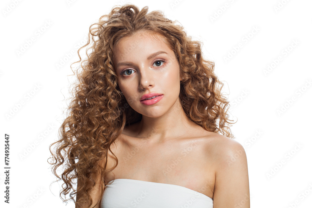 Cute fashion model with frizzy hair, natural makeup and healthy clean skin posing on white background. Skincare, haircare and cosmetology concept Cute fashion model with frizzy hair, natural makeup and healthy clean skin posing on white background. Skincare, haircare and cosmetology concept