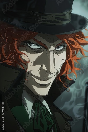 Anime image of red-haired Irish man in top hat, overcoat. He has bushy sideburns and has wicked smile. Cartoon art style. Concept of anime culture, fantasy, imagination, fairytale, human-emotions.