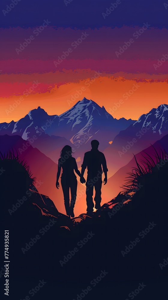 silhouette of man and woman holding hands, view over mountains at sunrise
