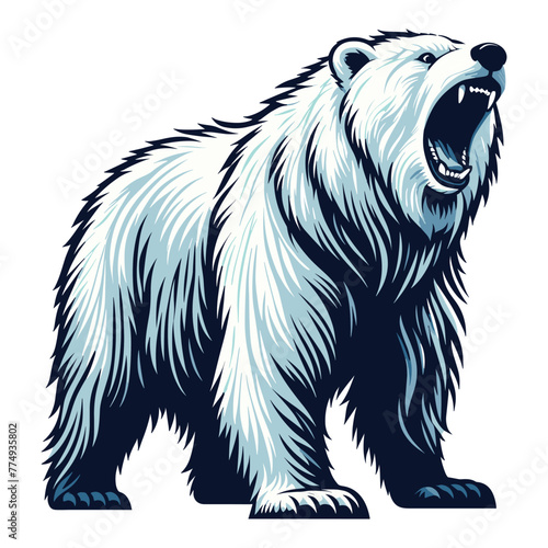Wild roaring polar bear full body design illustration, zoology element illustration, arctic north pole animal icon, vector template isolated on white background