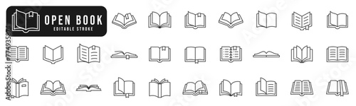 Open book line icon set. Diary, open book, pages, bookmark, magazine etc. Editable stroke photo
