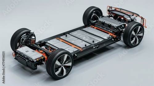 Electric Vehicle Chassis with battery pack on white background.