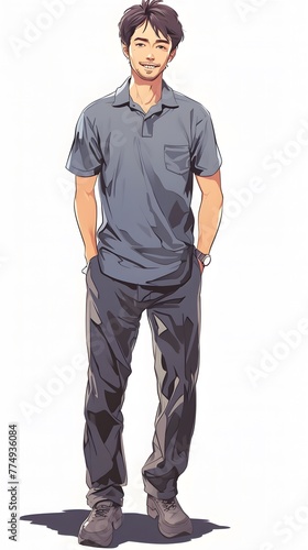 colorful illustration of A handsome Japanese man, standing, wearing a gray polo shirt, with hand in the pocket © Lin_Studio