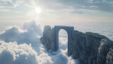 Dreamlike 3D entryway on a cliff overlooking a sea of clouds, gateway to the heavens