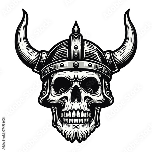 Viking head skull with horned helmet vector illustration, Nordic Scandinavian warrior, suitable for t-shirt, tattoo, logo design. Design template isolated on white background