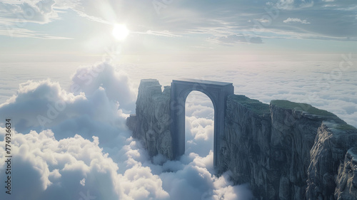 Dreamlike 3D entryway on a cliff overlooking a sea of clouds, gateway to the heavens