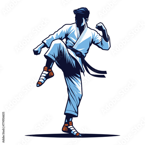 Man taekwondo athlete full body vector illustration, male taekwondo martial art player, kicking attack technique, fight sport. design template isolated on white background