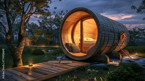 Soft twilight, illuminating the quaint details of the barrel-shaped wooden retreat. © Abdul