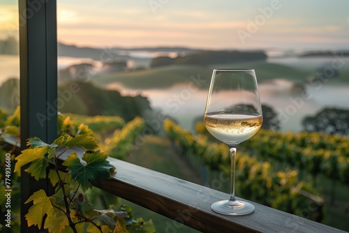 A tranquil  early morning scene with a glass of white wine on a balcony overlooking a foggy vineyard  soft focus on the landscape  copy space in the sky