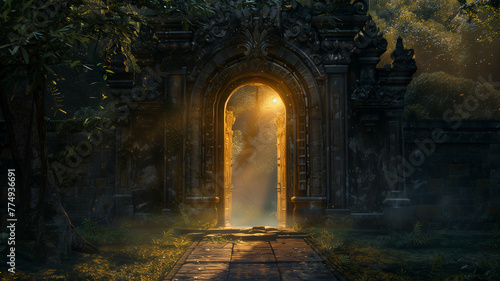 Majestic 3D doorway at the heart of an enchanted castle, aglow with mystery