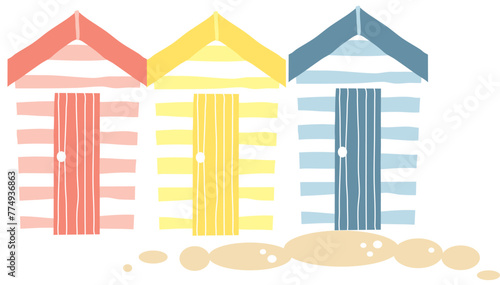 A row of three stripy Beach huts in a cute flat design style in a muted pastel palette isolated on transparent background
