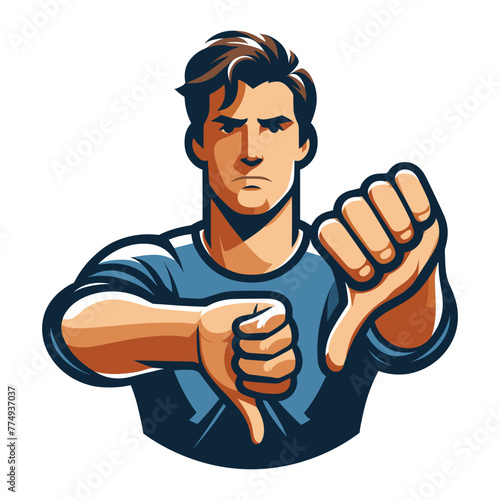 Man showing thumbs down vector illustration, unhappy male gesturing disapproval sign, dislike, disagreement, negative expression. design template isolated on white background