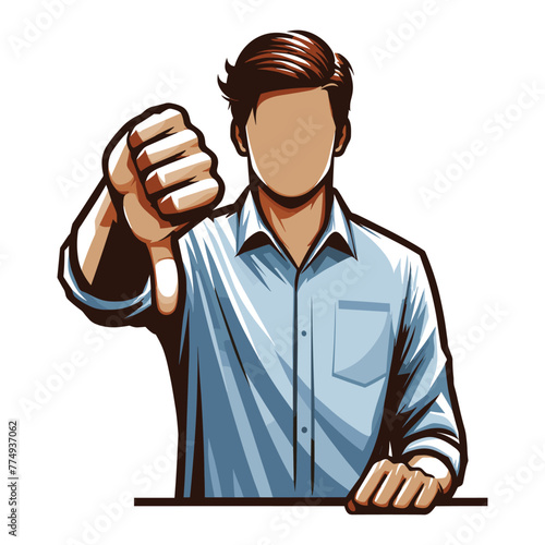 Man showing thumbs down vector illustration, unhappy male gesturing disapproval sign, dislike, disagreement, negative expression. design template isolated on white background