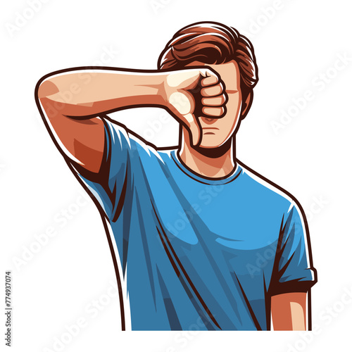 Man showing thumbs down vector illustration, unhappy male gesturing disapproval sign, dislike, disagreement, negative expression. design template isolated on white background