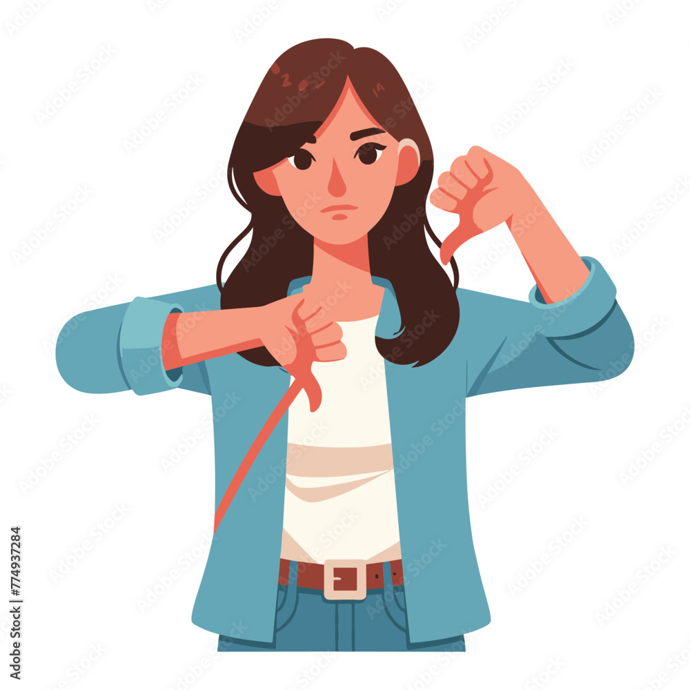 Woman showing thumbs down design illustration, unhappy girl gesturing dislike, disapproval sign, negative expression, disagreement. vector template isolated on white background Woman showing thumbs down design illustration, unhappy girl gesturing dislike, disapproval sign, negative expression, disagreement. vector template isolated on white background