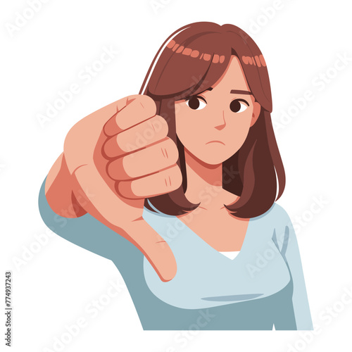 Woman showing thumbs down vector illustration, unhappy girl gesturing disapproval sign, dislike, disagreement, negative expression. design template isolated on white background